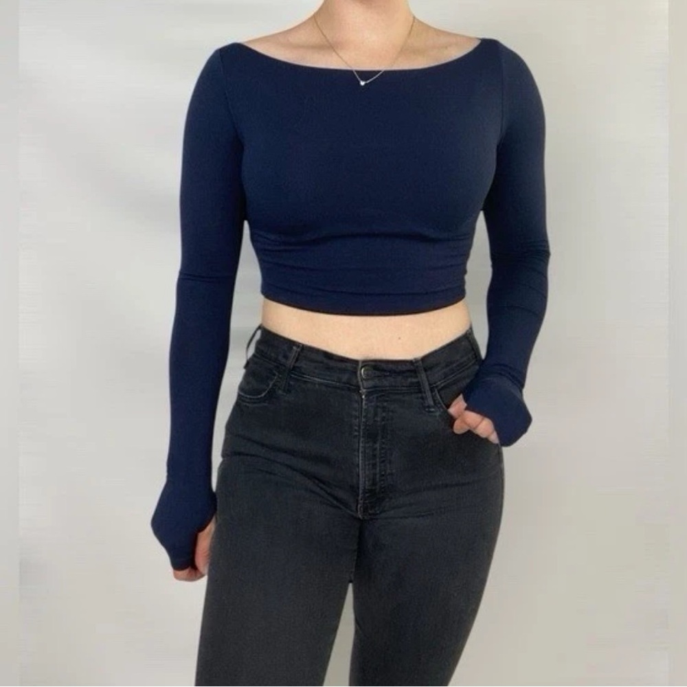 Naked Wardrobe Women’s Ribbed Long Sleeve Crop Top in Navy Size Medium NWT